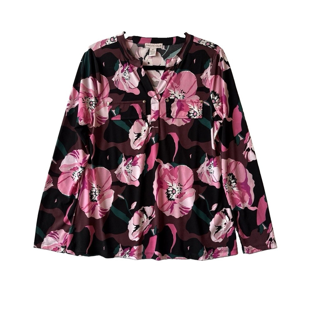 Carolyn Taylor Pink Floral Blouse M Split Neck Whimsigoth Retro Bold Romantic